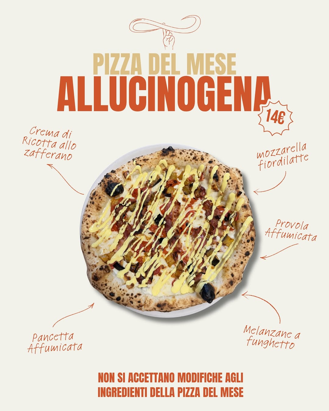 Pizza del mese Allucinogena: ricotta allo zafferano, provola affumicata e pancetta